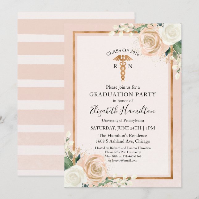 Invitación Oro Rosa del partido de graduación de la Escuela d (Anverso / Reverso)