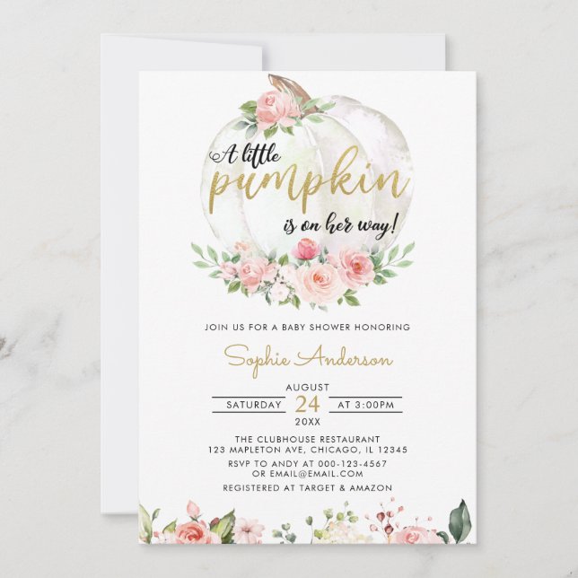 Invitación Oro Rosa Elegante Un Pequeño Calabaza Baby Shower  (Anverso)