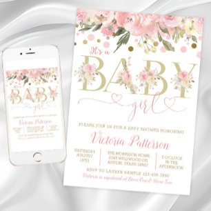 Invitación Oro Rosa Es Una Niña Aquarela Floral Baby Shower