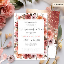 Invitación Oro Rosa Español Quinceañera Rosa, Floral Rosado