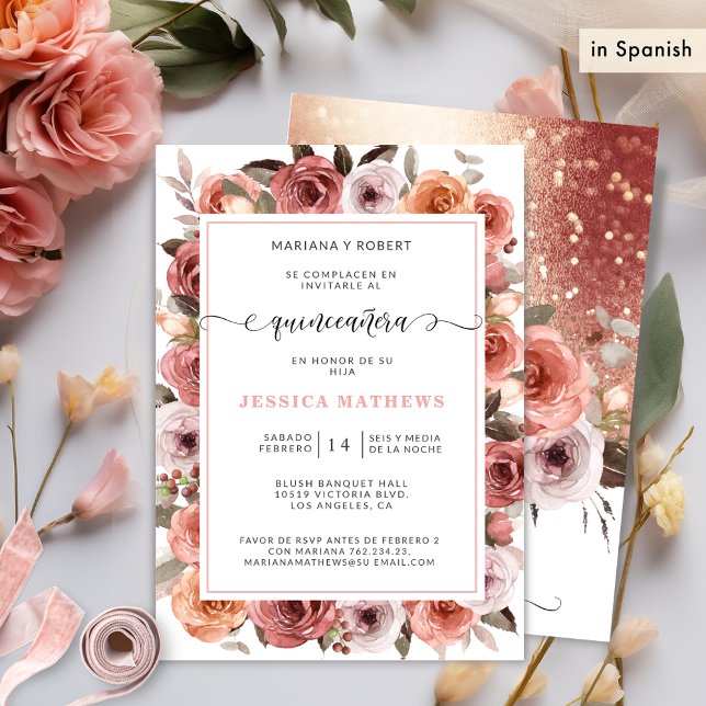 Invitación Oro Rosa Español Quinceañera Rosa, Floral Rosado (Subido por el creador)