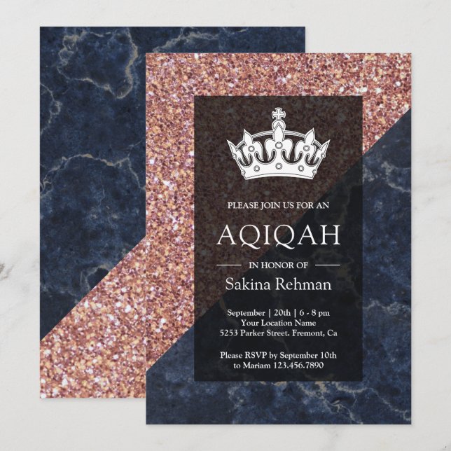 Invitación Oro Rosa Falso Mármol Azul Brillo Aqiqah (Anverso / Reverso)