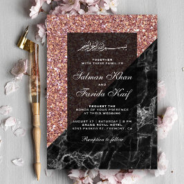 Invitación Oro Rosa Falso Mármol Negro con Brillo Boda Musulm