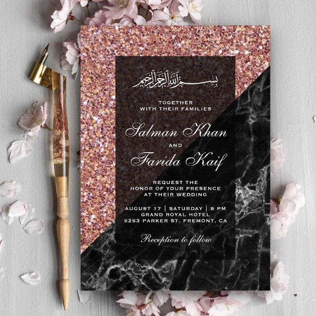 Invitación Oro Rosa Falso Mármol Negro con Brillo Boda Musulm (Subido por el creador)