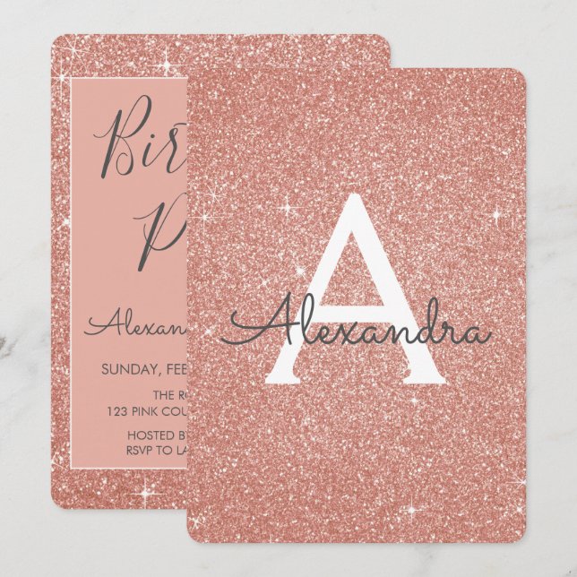 Invitación Oro Rosa - Fiesta de cumpleaños de Purpurina de es (Anverso / Reverso)