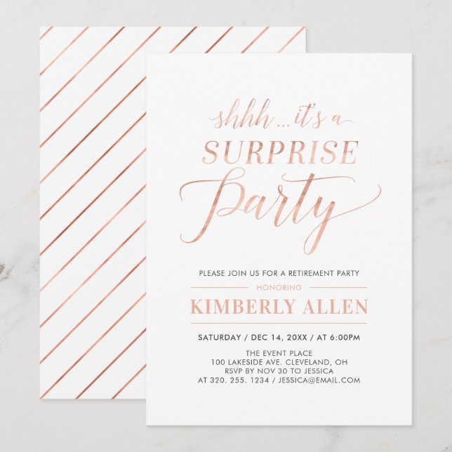 Invitación Oro Rosa Fiesta de Jubilación Sorpresa Simple Mode (Anverso / Reverso)