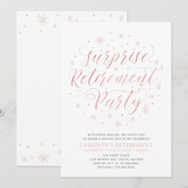 Invitación Oro rosa | Fiesta moderna de sorpresa de jubilació (Anverso / Reverso)