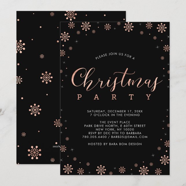 Invitación Oro Rosa | Fiestad de Navidad con Copos de Nieve M (Anverso / Reverso)