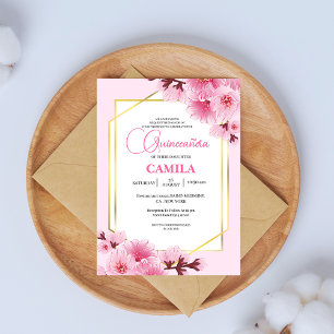 Invitación Oro rosa geométrico Cerezo Blossom Quinceañera