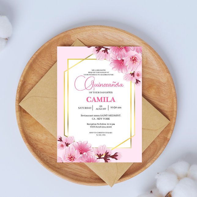 Invitación Oro rosa geométrico Cerezo Blossom Quinceañera (Subido por el creador)