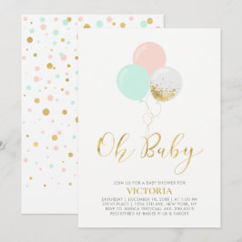 Invitación Oro, rosa, globos de menta | Oh Baby Baby Shower