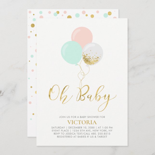 Invitación Oro, rosa, globos de menta | Oh Baby Baby Shower (Anverso / Reverso)