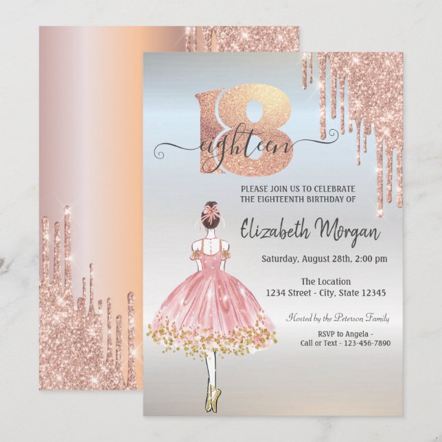 Invitación Oro Rosa  Goteos Bailarina Plata Cumpleaños 18 (Anverso / Reverso)