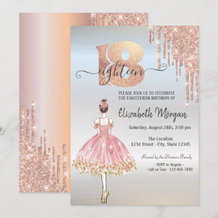 Invitación Oro Rosa  Goteos Bailarina Plata Cumpleaños 18