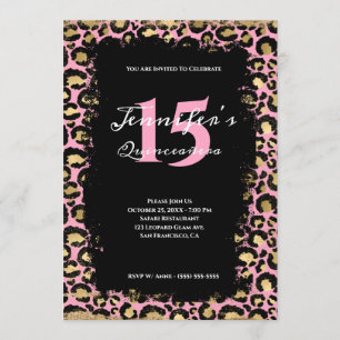 Invitación Oro Rosa Leopardo Grunge Safari Naranja Quinceañer
