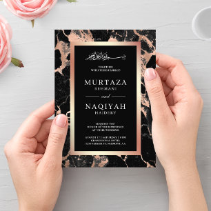 Invitación Oro Rosa Mármol Negro Carbón Boda Musulmana