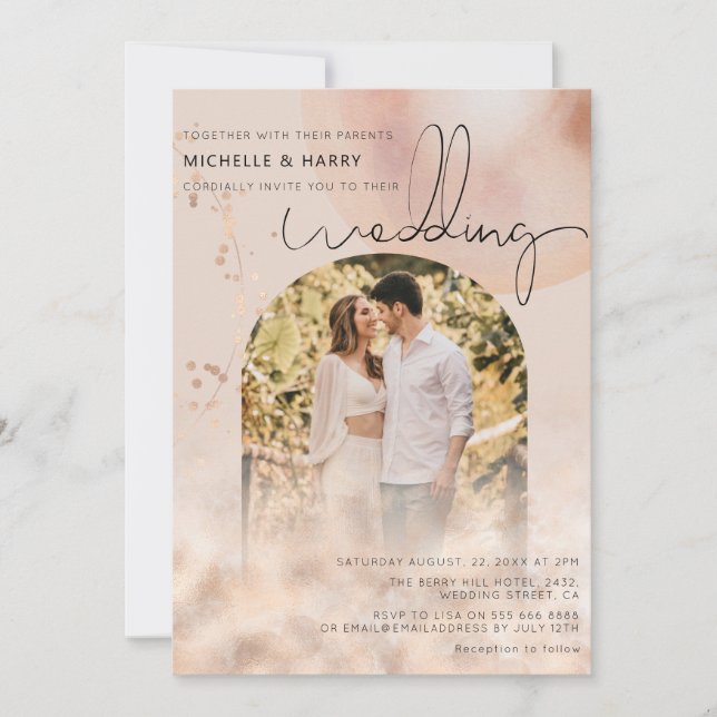 Invitación Oro Rosa moderno | Boda fotográfico de Arch (Anverso)