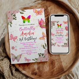 Invitación Oro rosa morado elegante niña mariposa cumpleaños