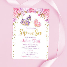 Invitación Oro rosa morado mariposa sorbo y ver a la niña