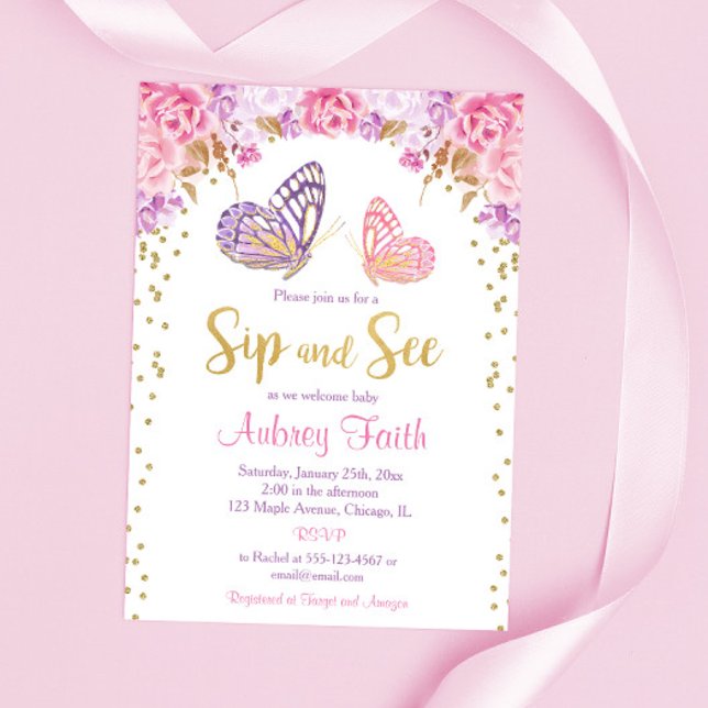 Invitación Oro rosa morado mariposa sorbo y ver a la niña (Subido por el creador)