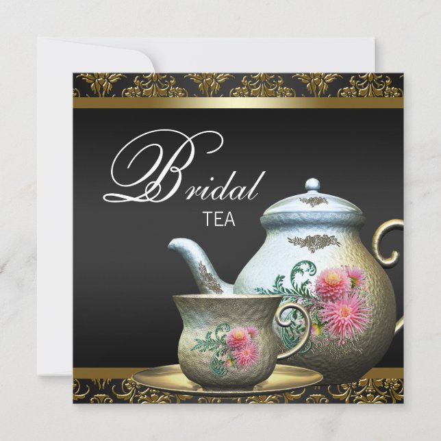 Invitación Oro Rosa Negro Damasco Té de Boda (Anverso)