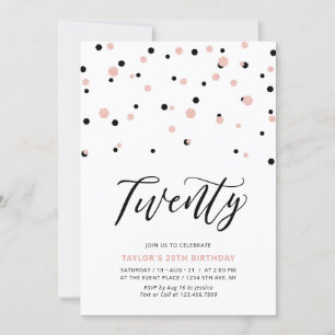 Invitación Oro Rosa negro Sencillo Veinte cumpleaños