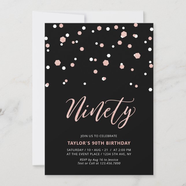 Invitación Oro Rosa negro Simple Noventa fiesta de cumpleaños (Anverso)