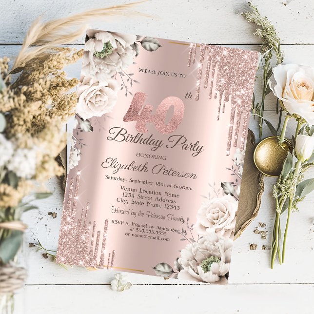 Invitación Oro Rosa, perforaciones Purpurinas, flores blancas (Subido por el creador)