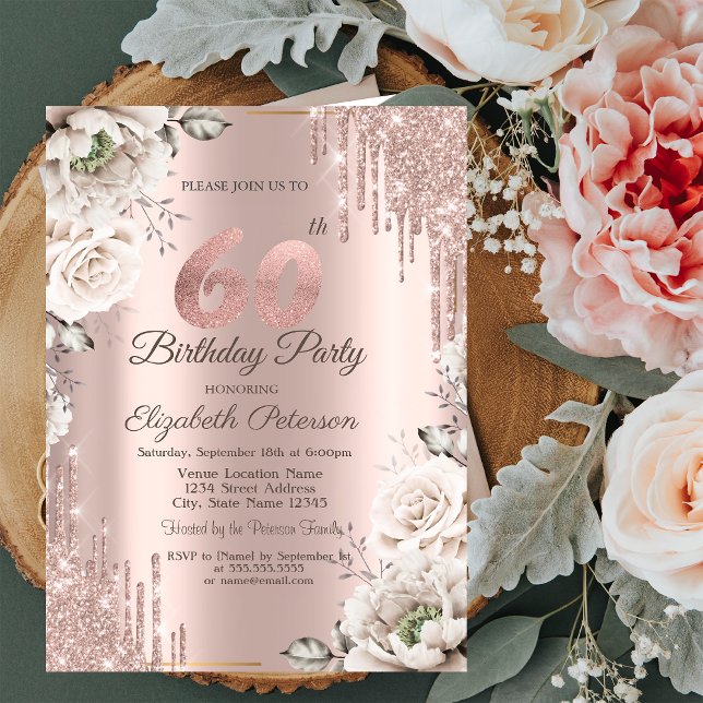 Invitación Oro Rosa, perforaciones Purpurinas, flores blancas (Subido por el creador)