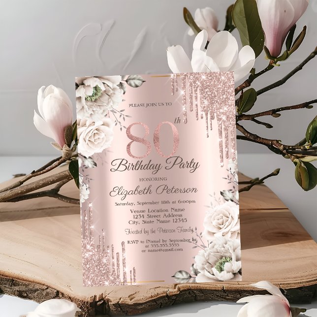 Invitación Oro Rosa, perforaciones Purpurinas, flores blancas (Subido por el creador)