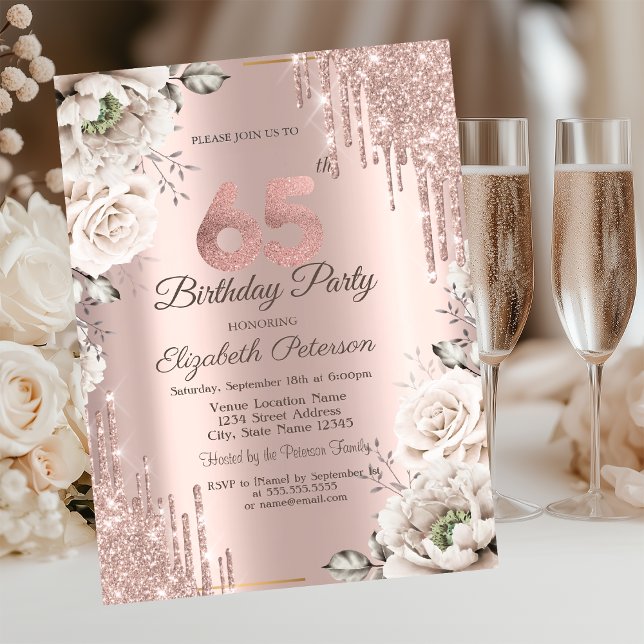 Invitación Oro Rosa, Perforaciones Purpurinas, Flores blancas (Subido por el creador)