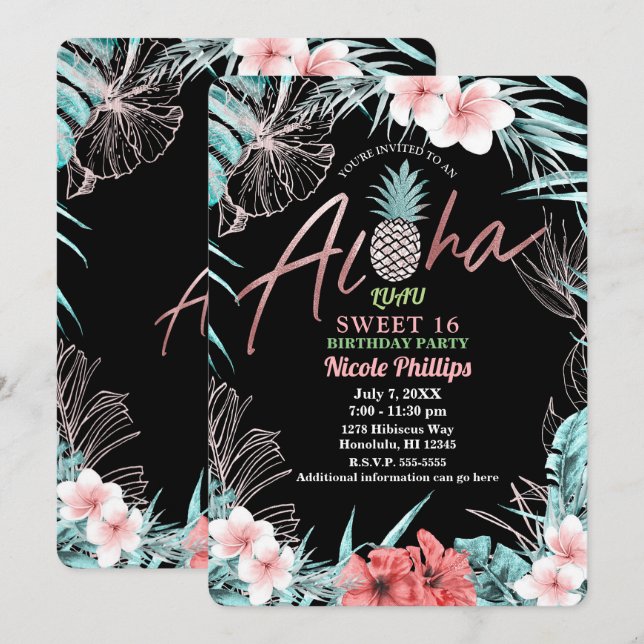 Invitación Oro Rosa Piña Tropical Aloha Luau Sweet 16 (Anverso / Reverso)