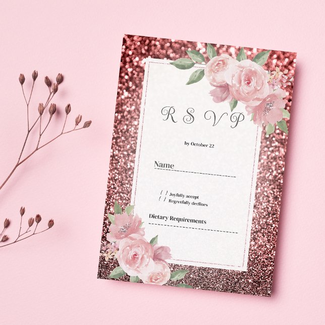 Invitación Oro rosa plata brillo rosa floral RSVP  (Rose gold silver glitter pink floral RSVP )