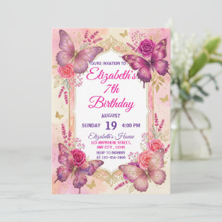 Invitación Oro rosa púrpura elegante mariposa niña cumpleaños