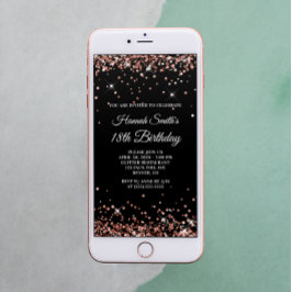 Invitación Oro Rosa Purpurinoso y cumpleaños 18 negro