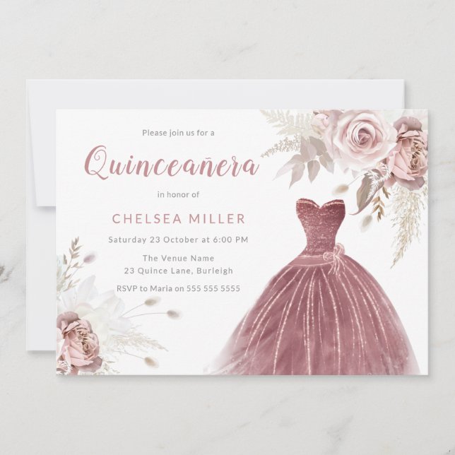 Invitación Oro Rosa, Rosa agitado y Quinceanera Rubor (Anverso)
