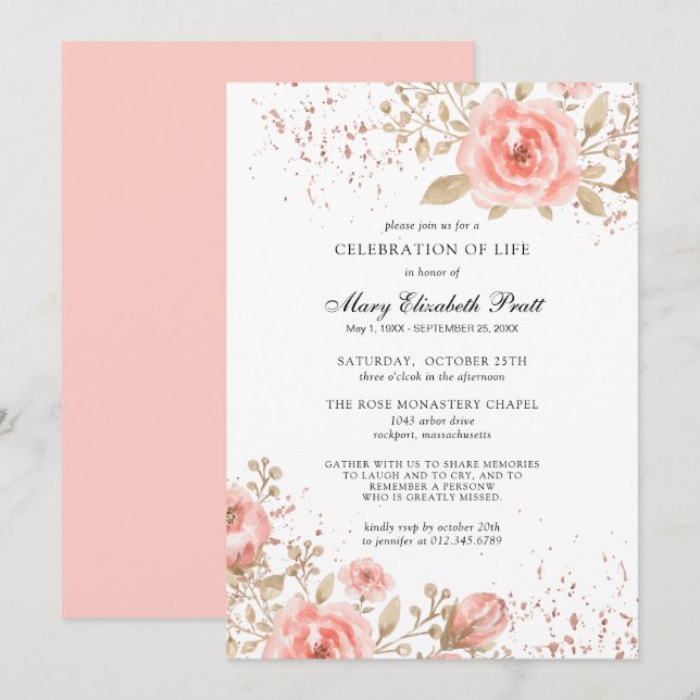 Invitación Oro rosa rosa floral deja la celebración de la vid (Anverso / Reverso)