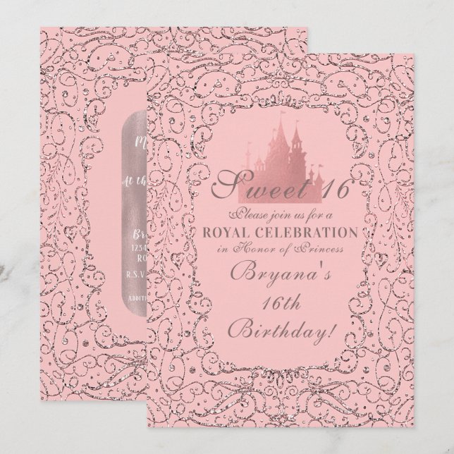 Invitación Oro Rosa Rosa Real Castillo Princesa Dulce 16 (Anverso / Reverso)