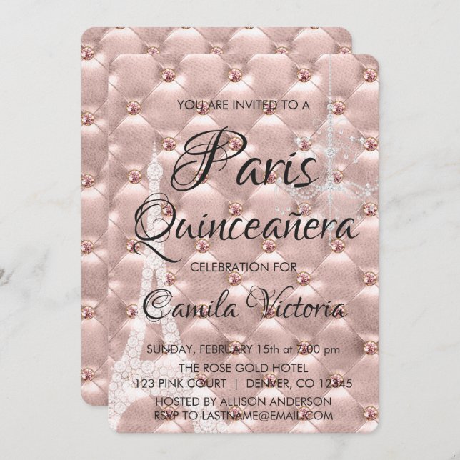 Invitación Oro Rosa Rosa Rosa Rosa París Quinceañera Celebrac (Anverso / Reverso)
