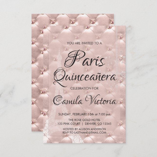 Invitación Oro Rosa Rosa Rosa Rosa París Quinceañera Celebrac (Anverso / Reverso)