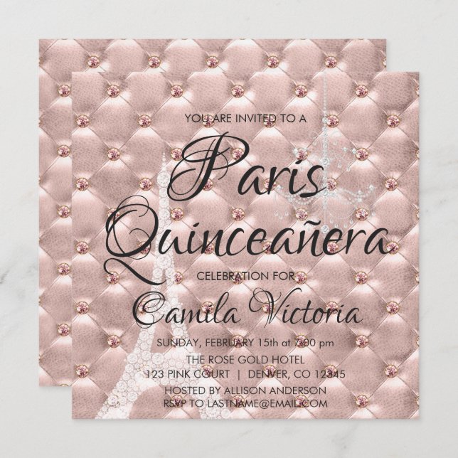 Invitación Oro Rosa Rosa Rosa Rosa París Quinceañera Celebrac (Anverso / Reverso)