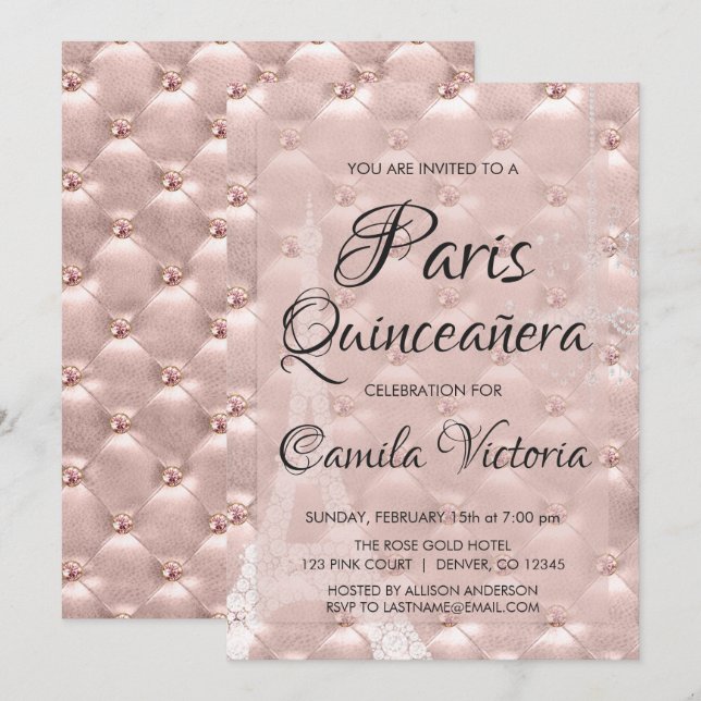Invitación Oro Rosa Rosa Rosa Rosa París Quinceañera Celebrac (Anverso / Reverso)