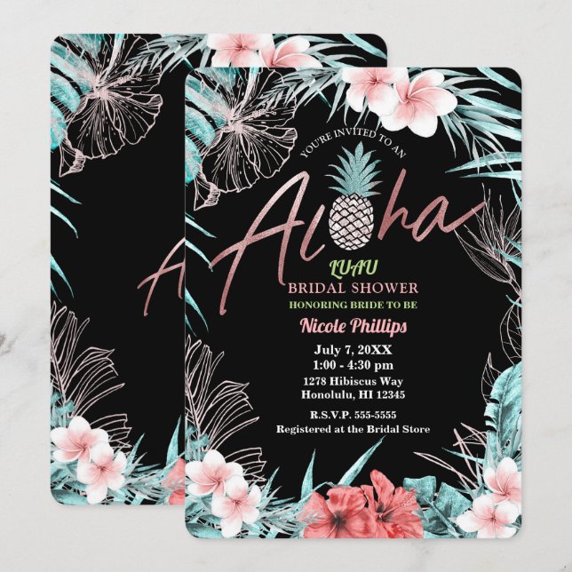 Invitación Oro Rosa Tropical Piña Botánica Aloha Luau (Anverso / Reverso)