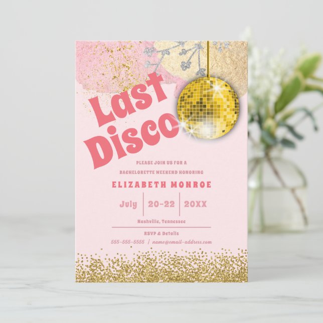 Invitación Oro Rosa Última Disco Retro Glam Bachelorette (Anverso de pie)