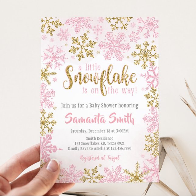 Invitación Oro rosa Un pequeño copo de nieve está en camino (A Little Snowflake Baby Shower Invitation)
