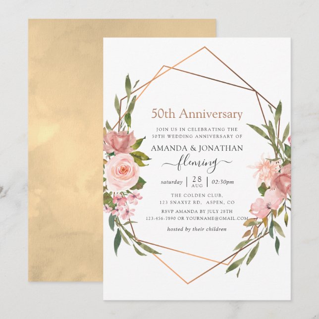 Invitación Oro Rosa y 50 años Boda Rosado de Rubor (Anverso / Reverso)