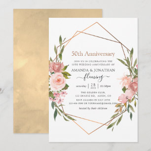 Invitación Oro Rosa y 50 años Boda Rosado de Rubor