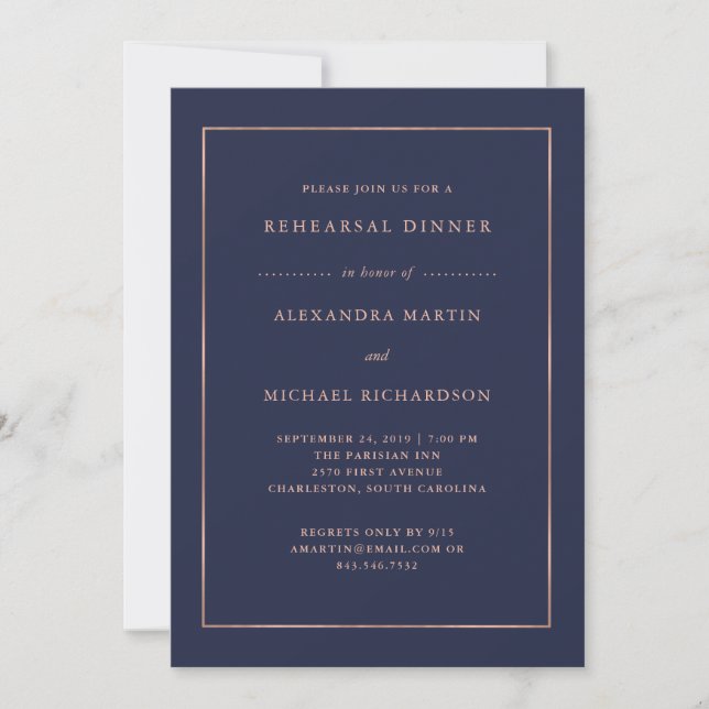 Invitación Oro Rosa y azul medianoche | Cena de ensayo (Anverso)