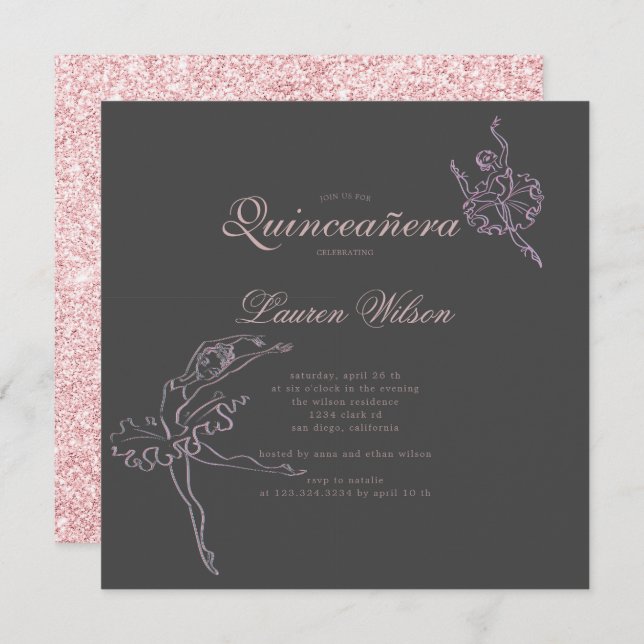 Invitación Oro Rosa y ballet purpurina Quinceanera (Anverso / Reverso)