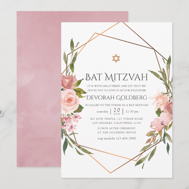 Invitación Oro Rosa y Bat Floral Rosa Rubor Mitzvah (Anverso / Reverso)
